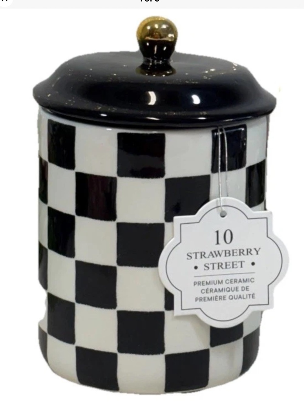 10 Strawberry Street Black White Courtly Check 7” Ceramic Canister Jar Gold Knob